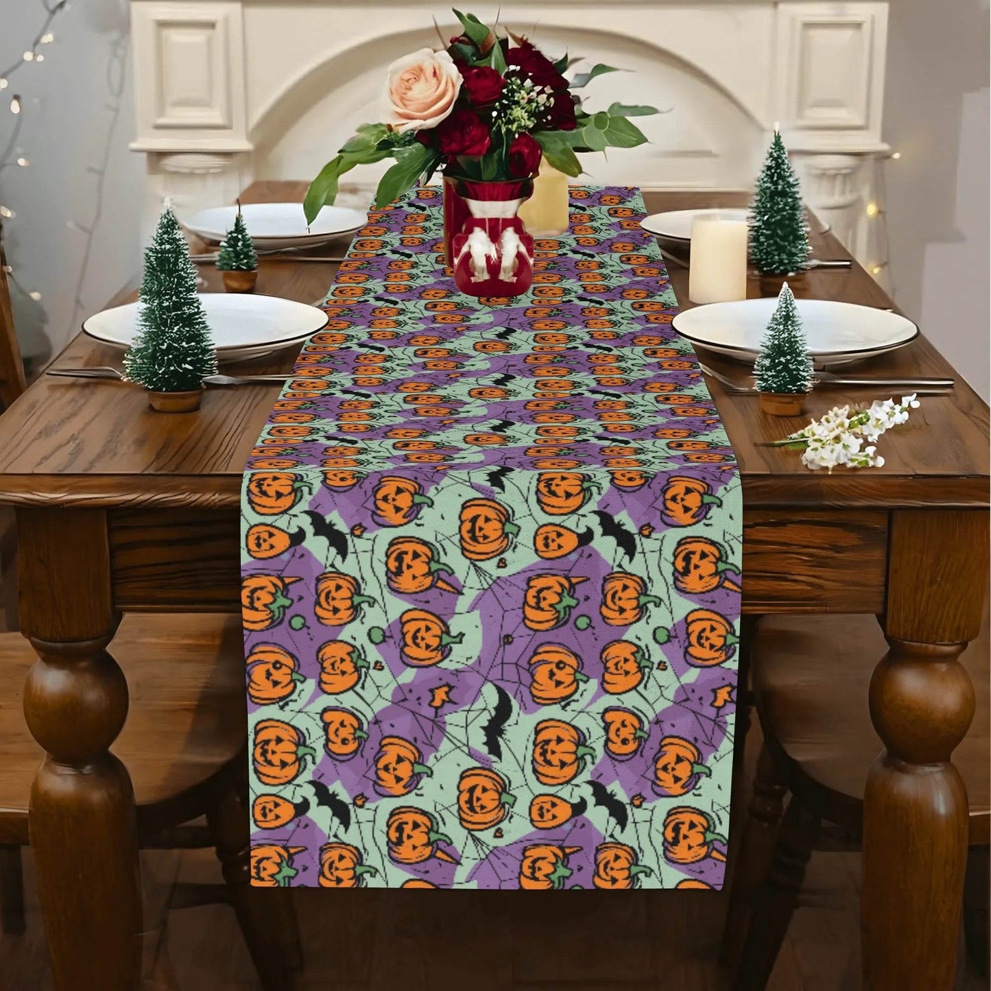 Purple and Green Cute Pumpkins Polyester Table Runner - DeRose Seasonal