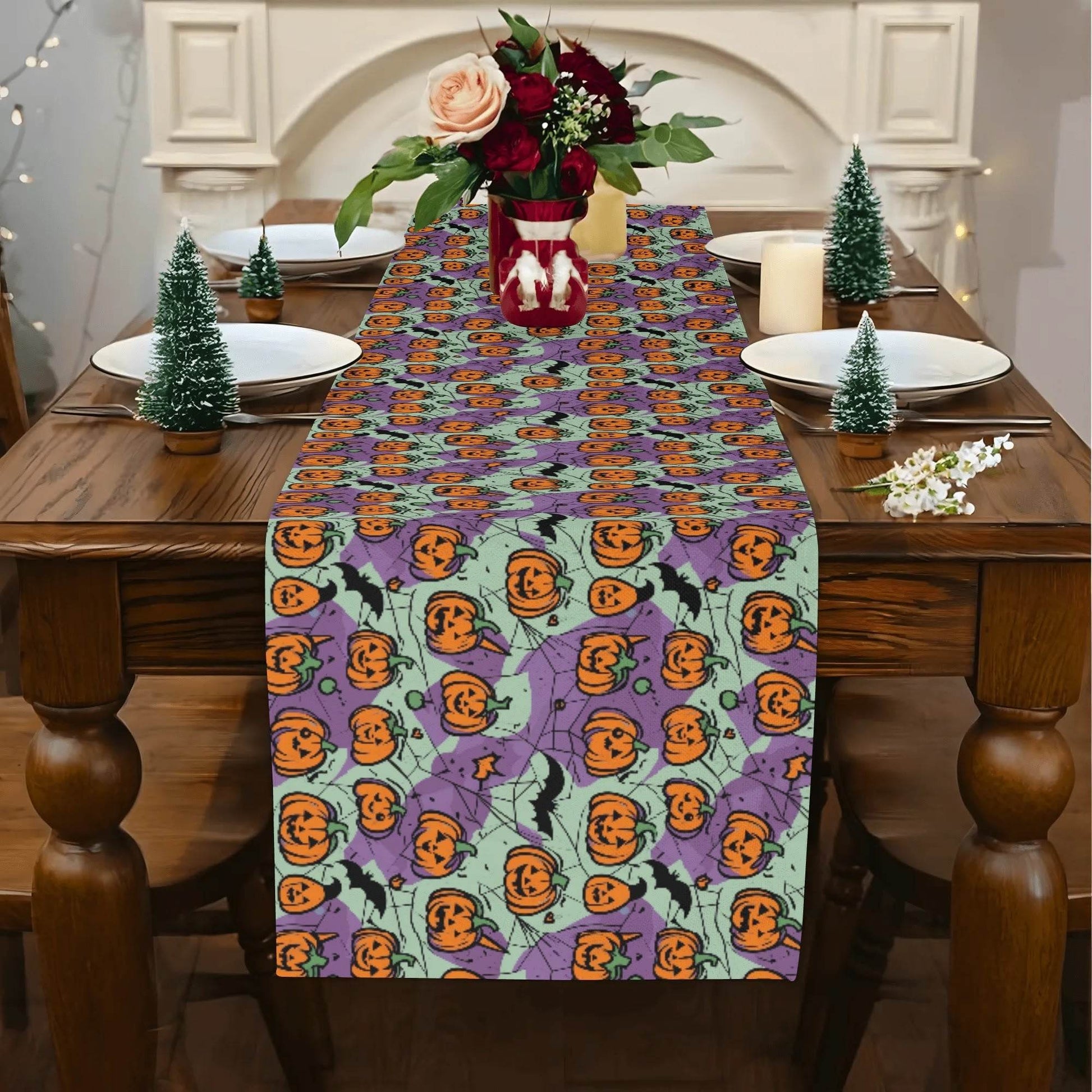 Purple and Green Cute Pumpkins Polyester Table Runner - DeRose Seasonal