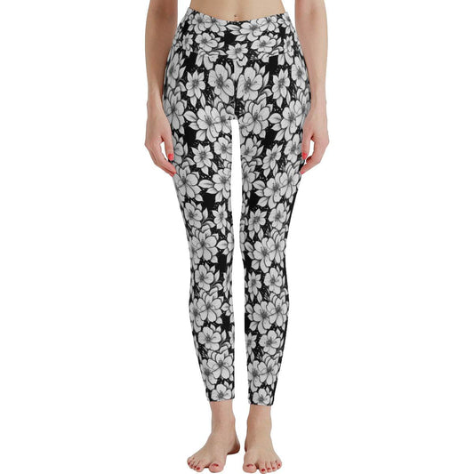 Black and White Floral Women's Polyester Yoga pants Leggings - DeRose Seasonal