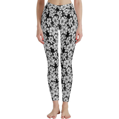 Black and White Floral Women's Polyester Yoga pants Leggings - DeRose Seasonal