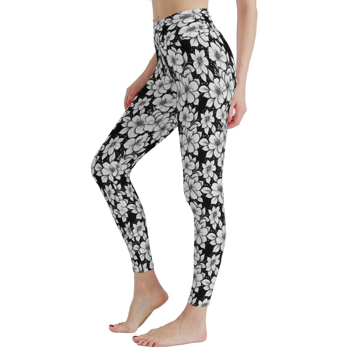 Black and White Floral Women's Polyester Yoga pants Leggings - DeRose Seasonal