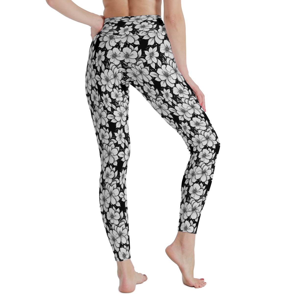 Black and White Floral Women's Polyester Yoga pants Leggings - DeRose Seasonal