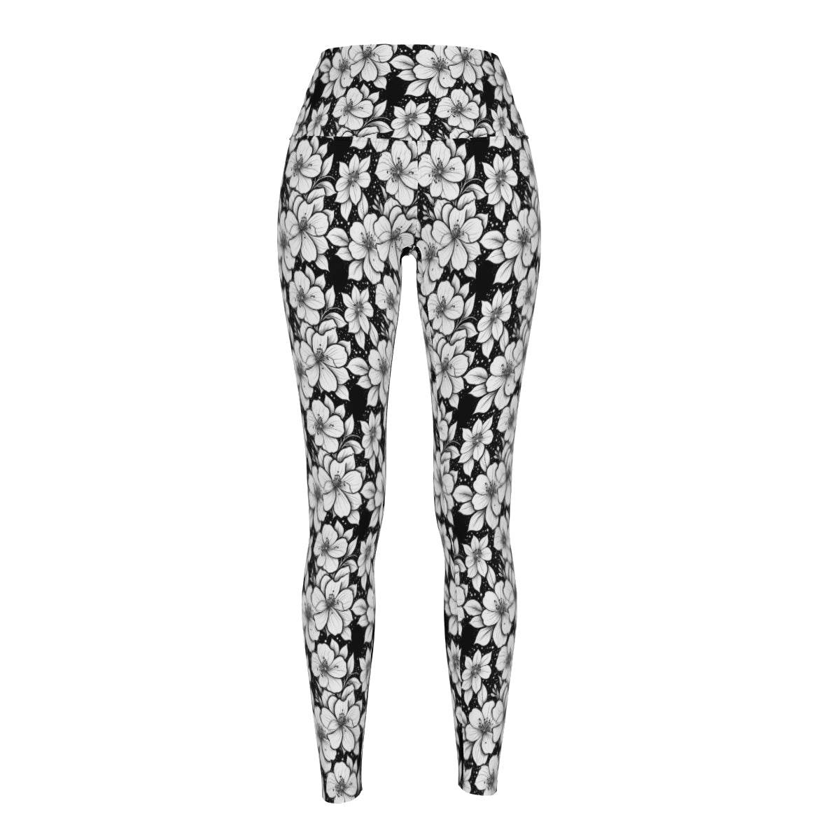 Black and White Floral Women's Polyester Yoga pants Leggings - DeRose Seasonal