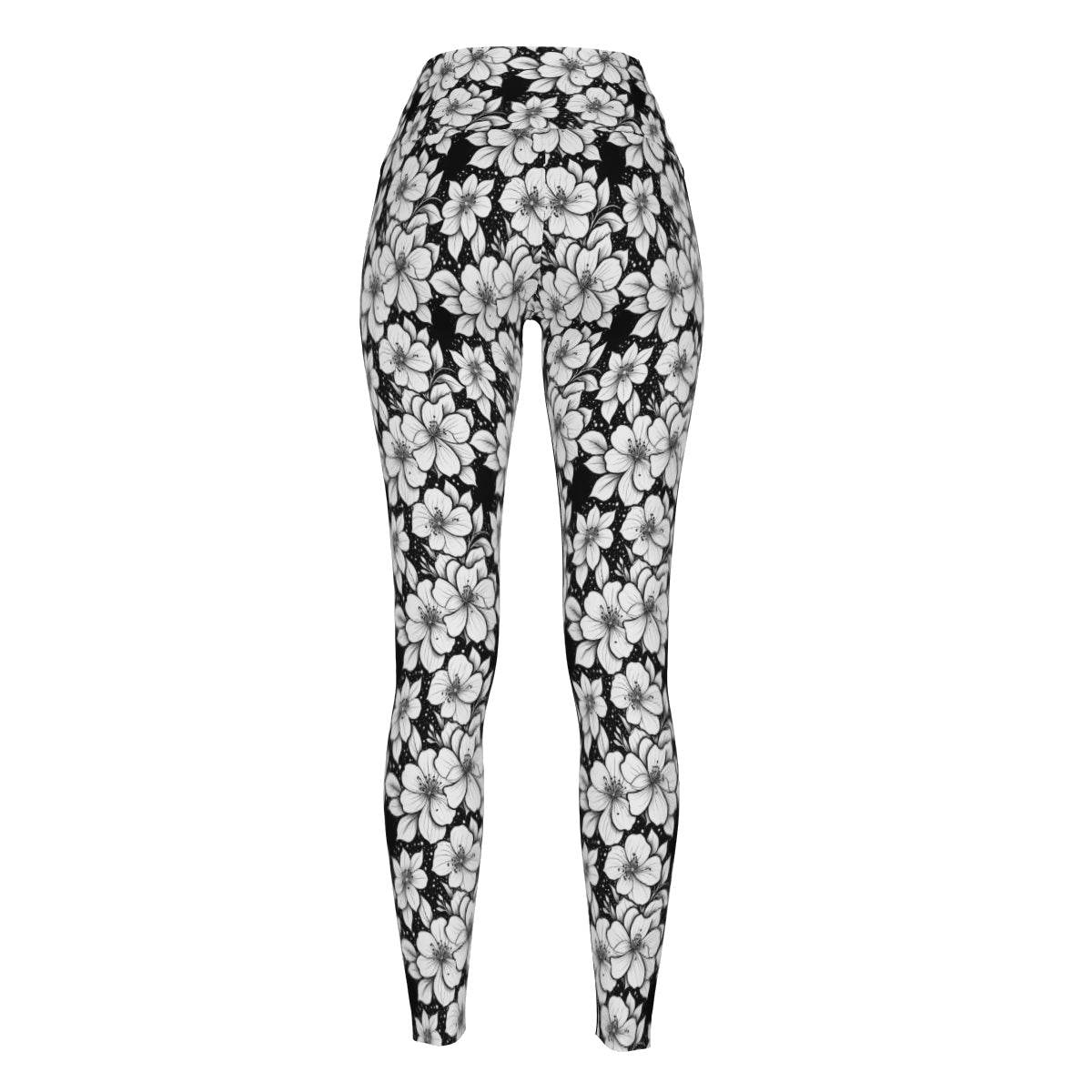 Black and White Floral Women's Polyester Yoga pants Leggings - DeRose Seasonal