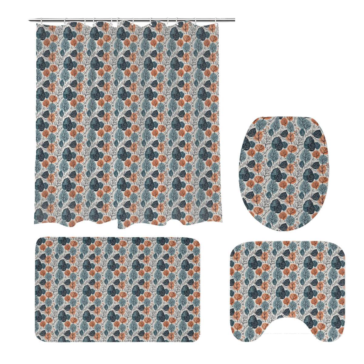 Freezing Leaves Bathroom Four-Piece Set(Shower Curtain + Toilet Cover Mat + Toilet Foot Mat + Floor Mat)| Polyester - DeRose Seasonal