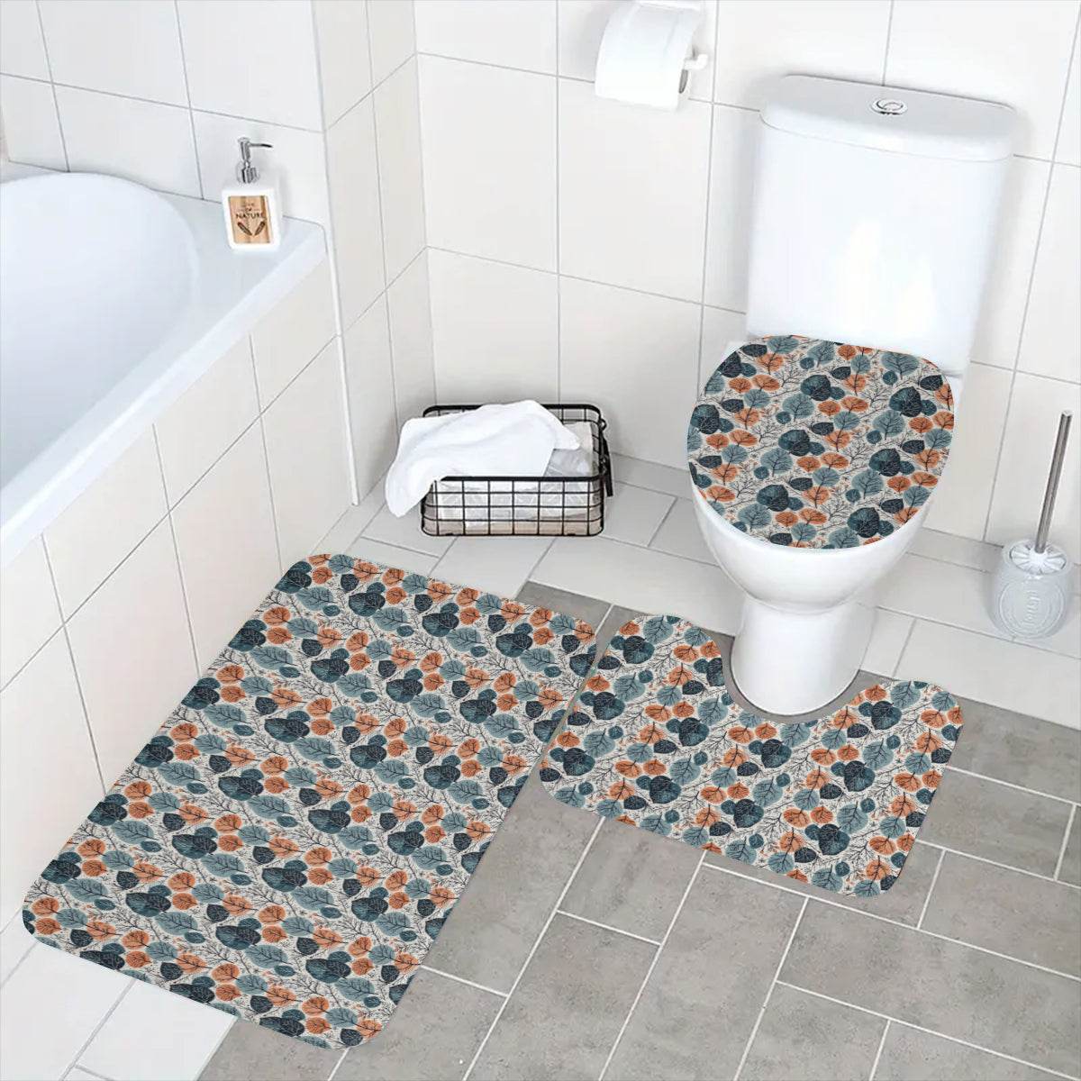 Freezing Leaves Bathroom Four-Piece Set(Shower Curtain + Toilet Cover Mat + Toilet Foot Mat + Floor Mat)| Polyester - DeRose Seasonal