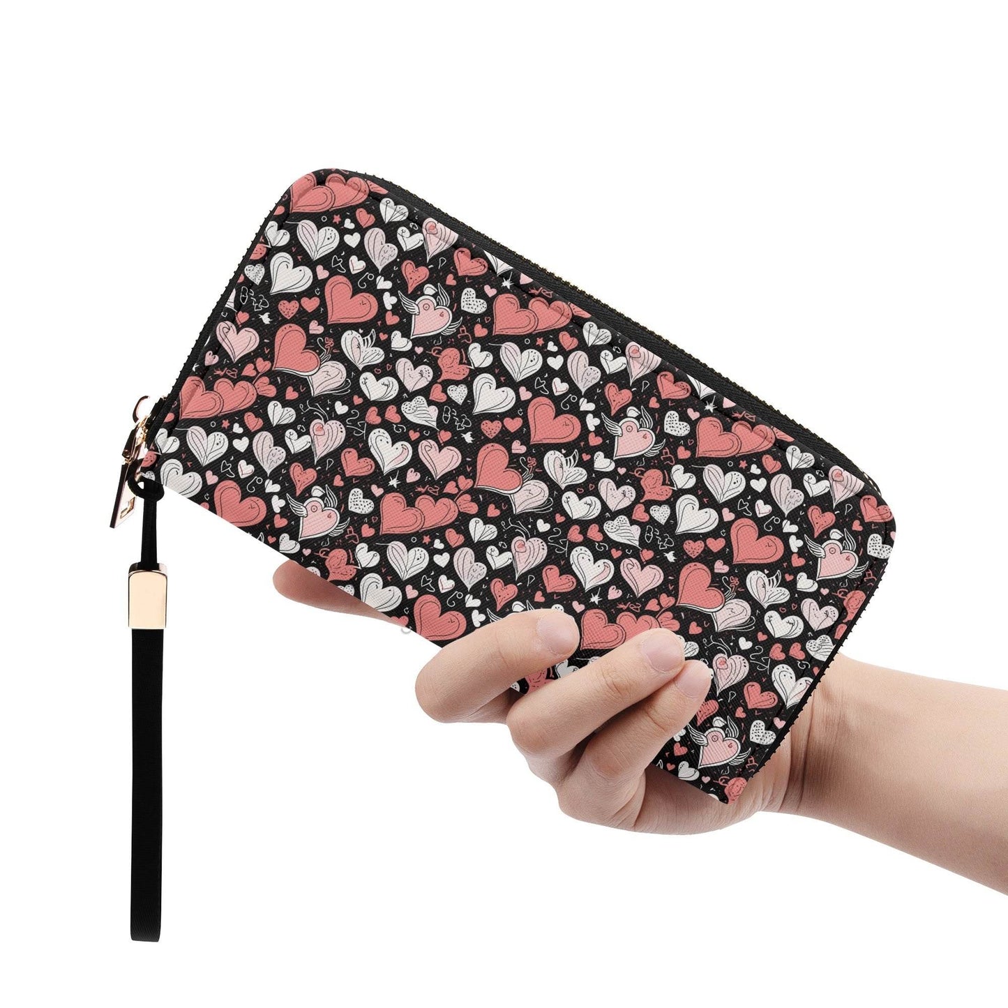 Red Hearts Leather Women's Zipper Wristlet Wallet - DeRose Seasonal