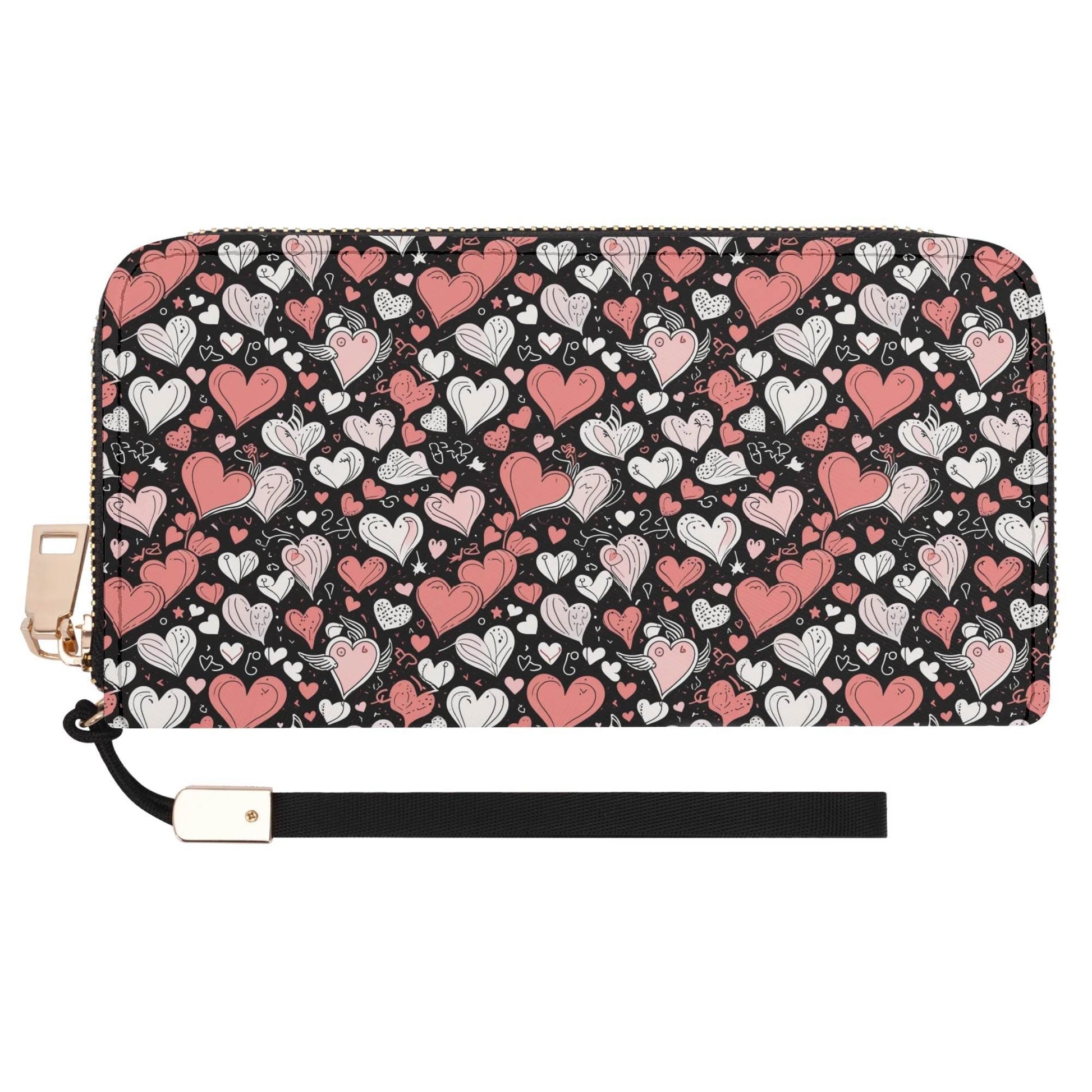 Red Hearts Leather Women's Zipper Wristlet Wallet - DeRose Seasonal