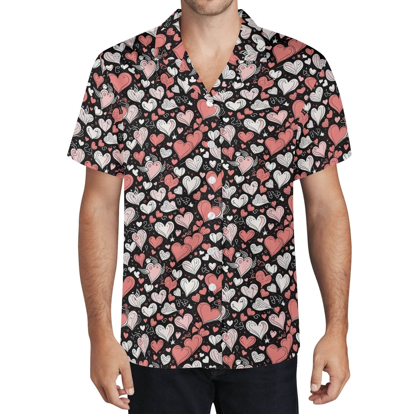 Red Hearts Men's Casual Hawaiian Shirt - DeRose Seasonal