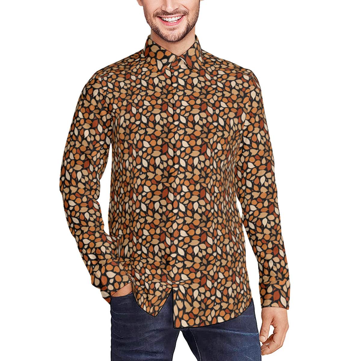 Red Leaves Men's Classic Long-Sleeved Button up Polyester Dress Shirt - DeRose Seasonal