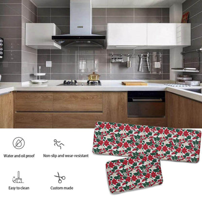 Red and White Poinsettia Flower 2 Piece L-Multifunction Flannel Kitchen Mat - DeRose Seasonal