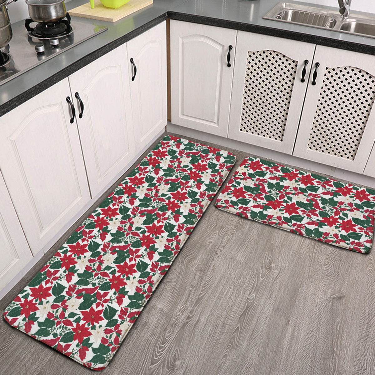Red and White Poinsettia Flower 2 Piece L-Multifunction Flannel Kitchen Mat - DeRose Seasonal