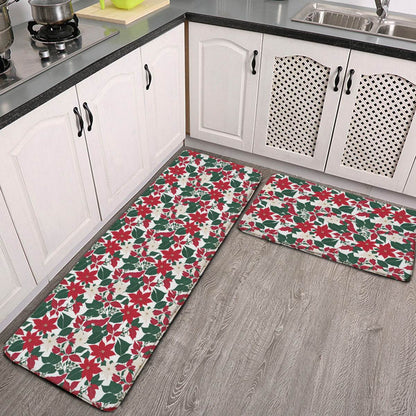 Red and White Poinsettia Flower 2 Piece L-Multifunction Flannel Kitchen Mat - DeRose Seasonal