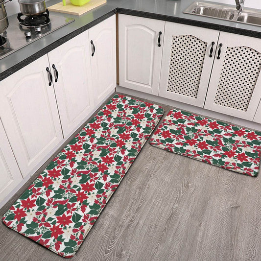 Red and White Poinsettia Flower 2 Piece L-Multifunction Flannel Kitchen Mat - DeRose Seasonal