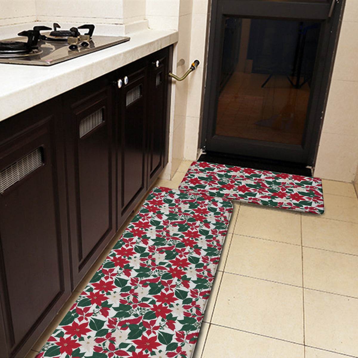 Red and White Poinsettia Flower 2 Piece L-Multifunction Flannel Kitchen Mat - DeRose Seasonal
