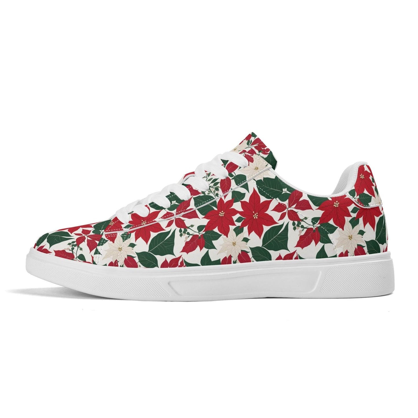 Red and White Poinsettia Flower Adult Lightweight Brand Low Top Leather Shoes - DeRose Seasonal