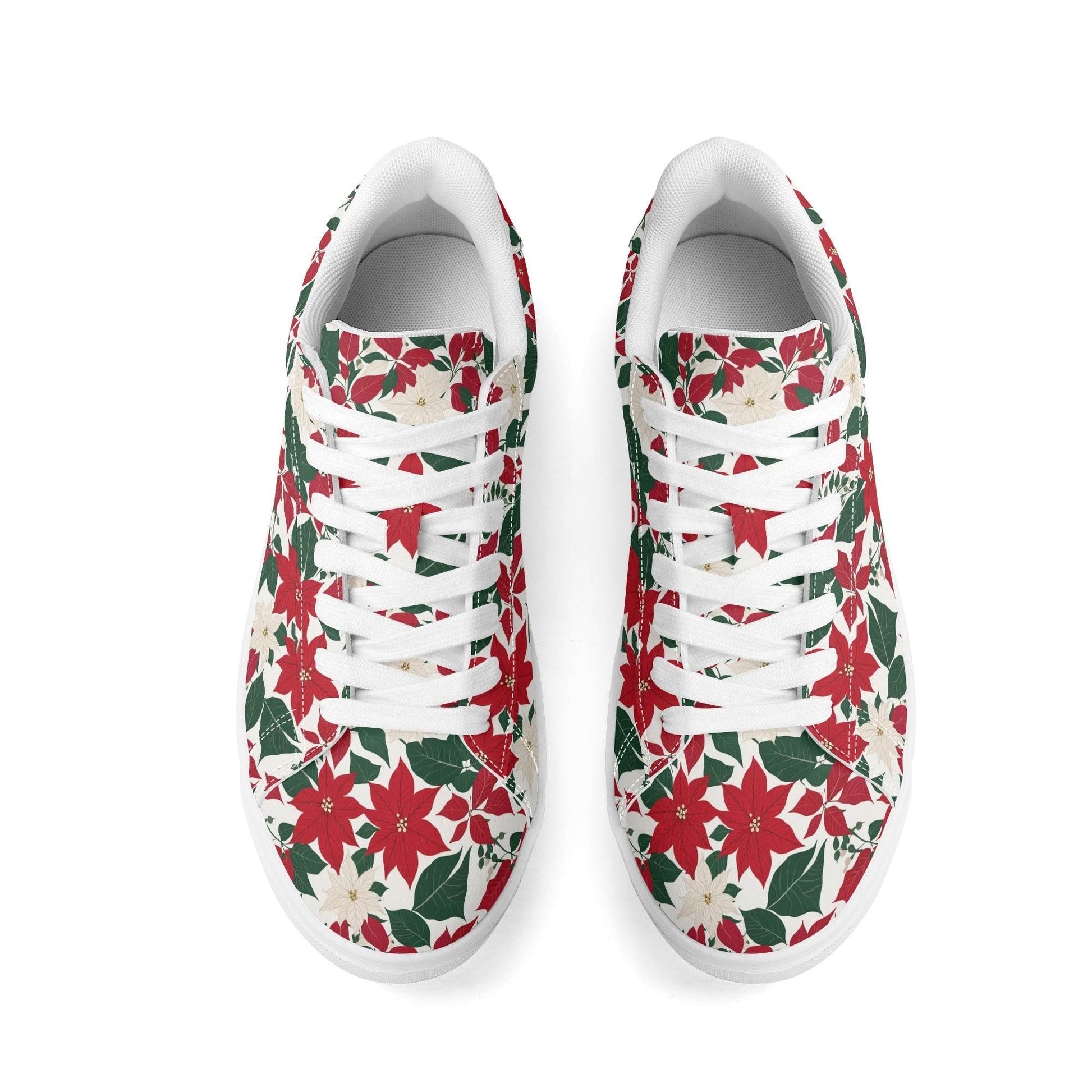 Red and White Poinsettia Flower Adult Lightweight Brand Low Top Leather Shoes - DeRose Seasonal