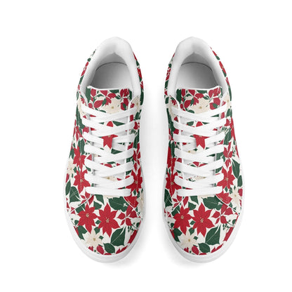 Red and White Poinsettia Flower Adult Lightweight Brand Low Top Leather Shoes - DeRose Seasonal