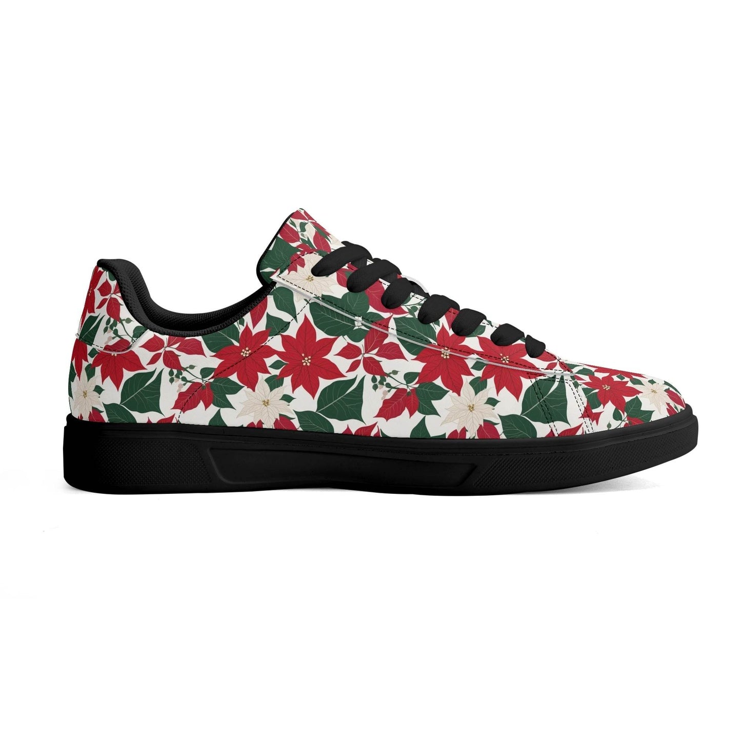 Red and White Poinsettia Flower Adult Lightweight Brand Low Top Leather Shoes - DeRose Seasonal
