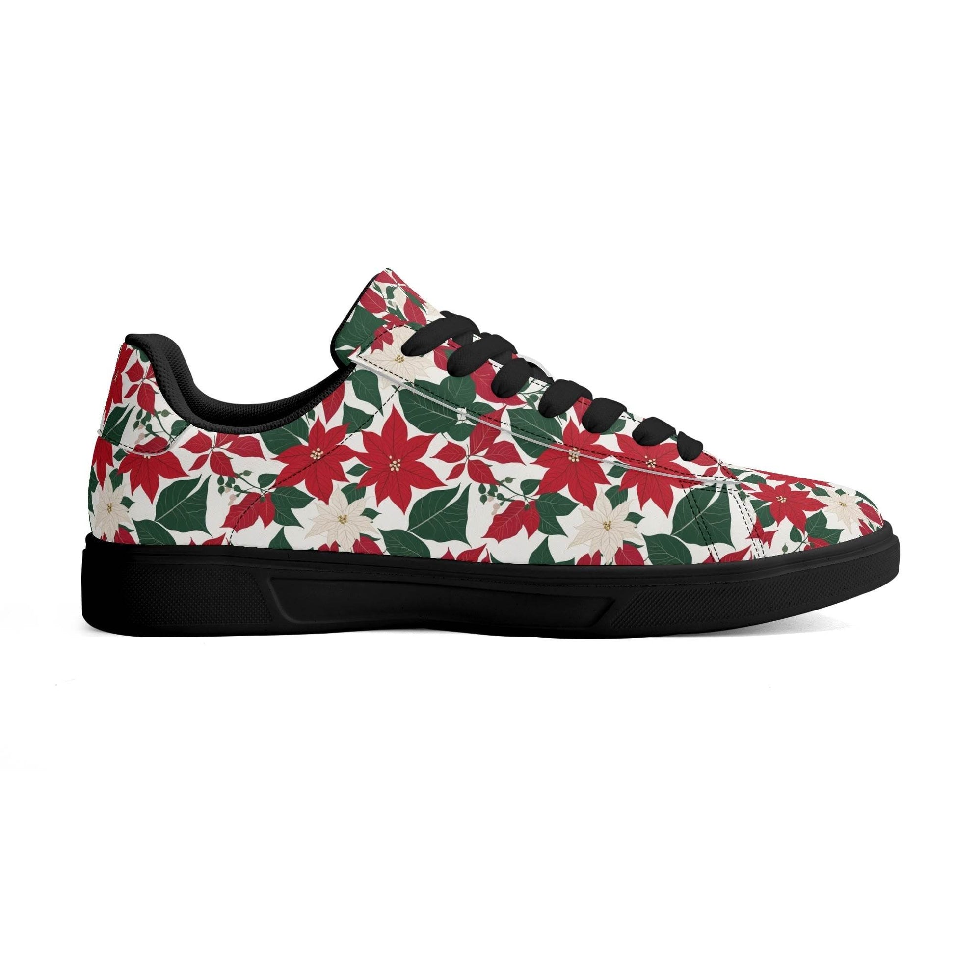 Red and White Poinsettia Flower Adult Lightweight Brand Low Top Leather Shoes - DeRose Seasonal