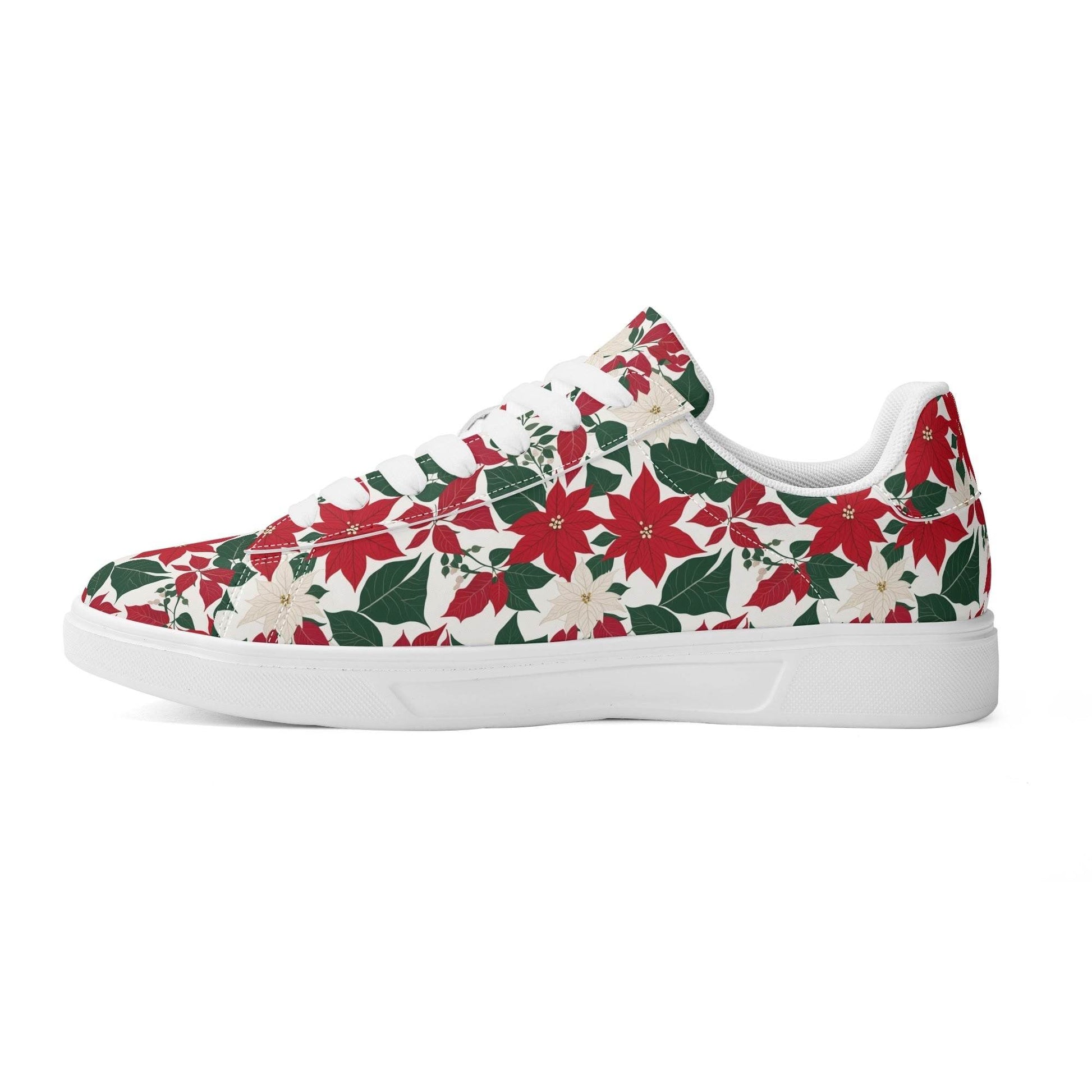 Red and White Poinsettia Flower Adult Lightweight Brand Low Top Leather Shoes - DeRose Seasonal