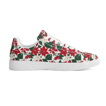 Red and White Poinsettia Flower Adult Lightweight Brand Low Top Leather Shoes - DeRose Seasonal