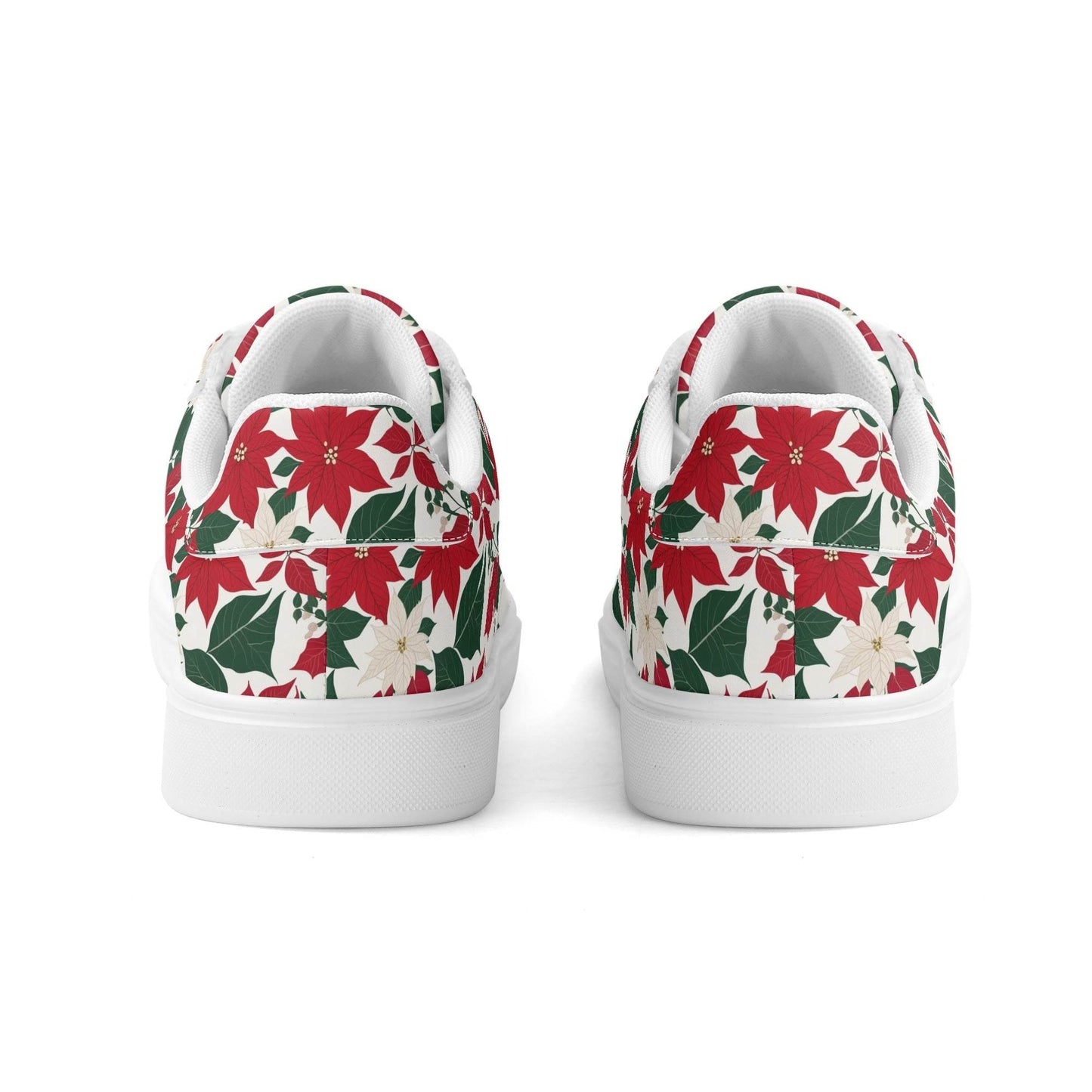 Red and White Poinsettia Flower Adult Lightweight Brand Low Top Leather Shoes - DeRose Seasonal