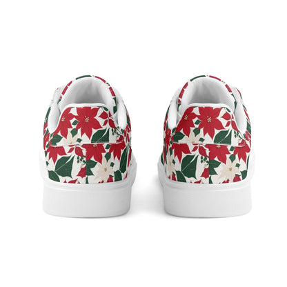Red and White Poinsettia Flower Adult Lightweight Brand Low Top Leather Shoes - DeRose Seasonal