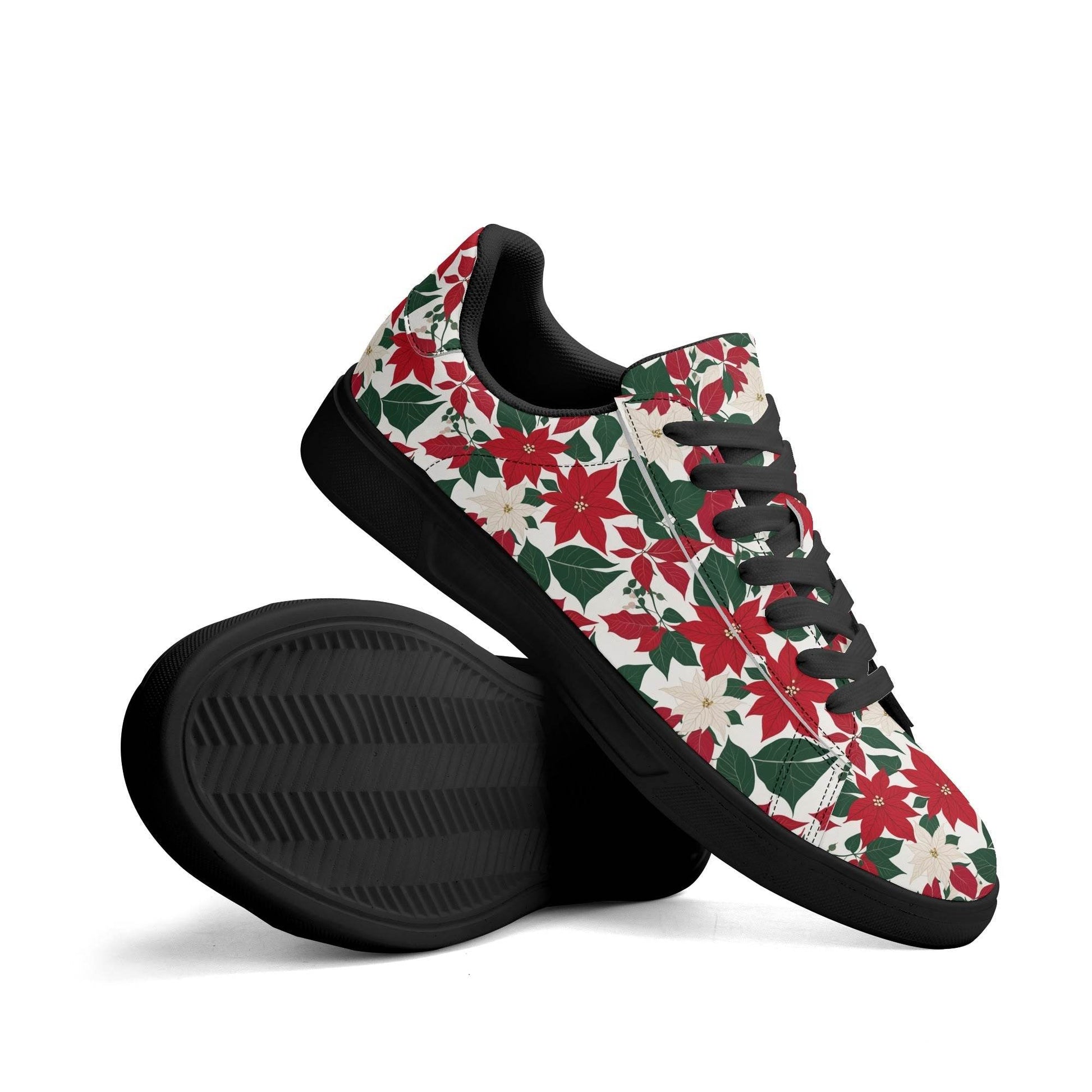 Red and White Poinsettia Flower Adult Lightweight Brand Low Top Leather Shoes - DeRose Seasonal
