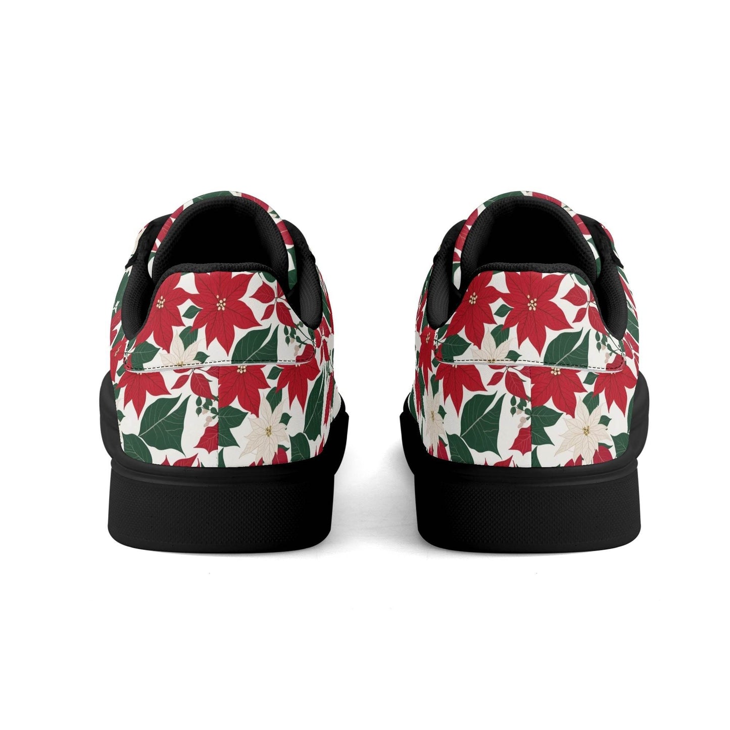 Red and White Poinsettia Flower Adult Lightweight Brand Low Top Leather Shoes - DeRose Seasonal