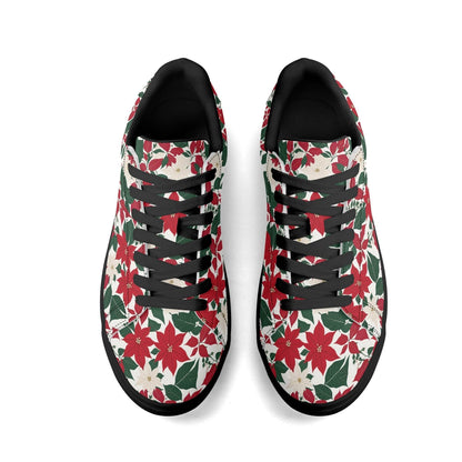 Red and White Poinsettia Flower Adult Lightweight Brand Low Top Leather Shoes - DeRose Seasonal