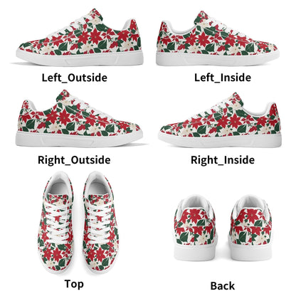 Red and White Poinsettia Flower Adult Lightweight Brand Low Top Leather Shoes - DeRose Seasonal