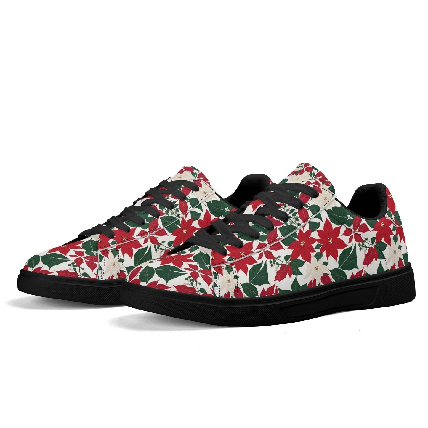 Red and White Poinsettia Flower Adult Lightweight Brand Low Top Leather Shoes - DeRose Seasonal