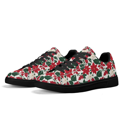 Red and White Poinsettia Flower Adult Lightweight Brand Low Top Leather Shoes - DeRose Seasonal