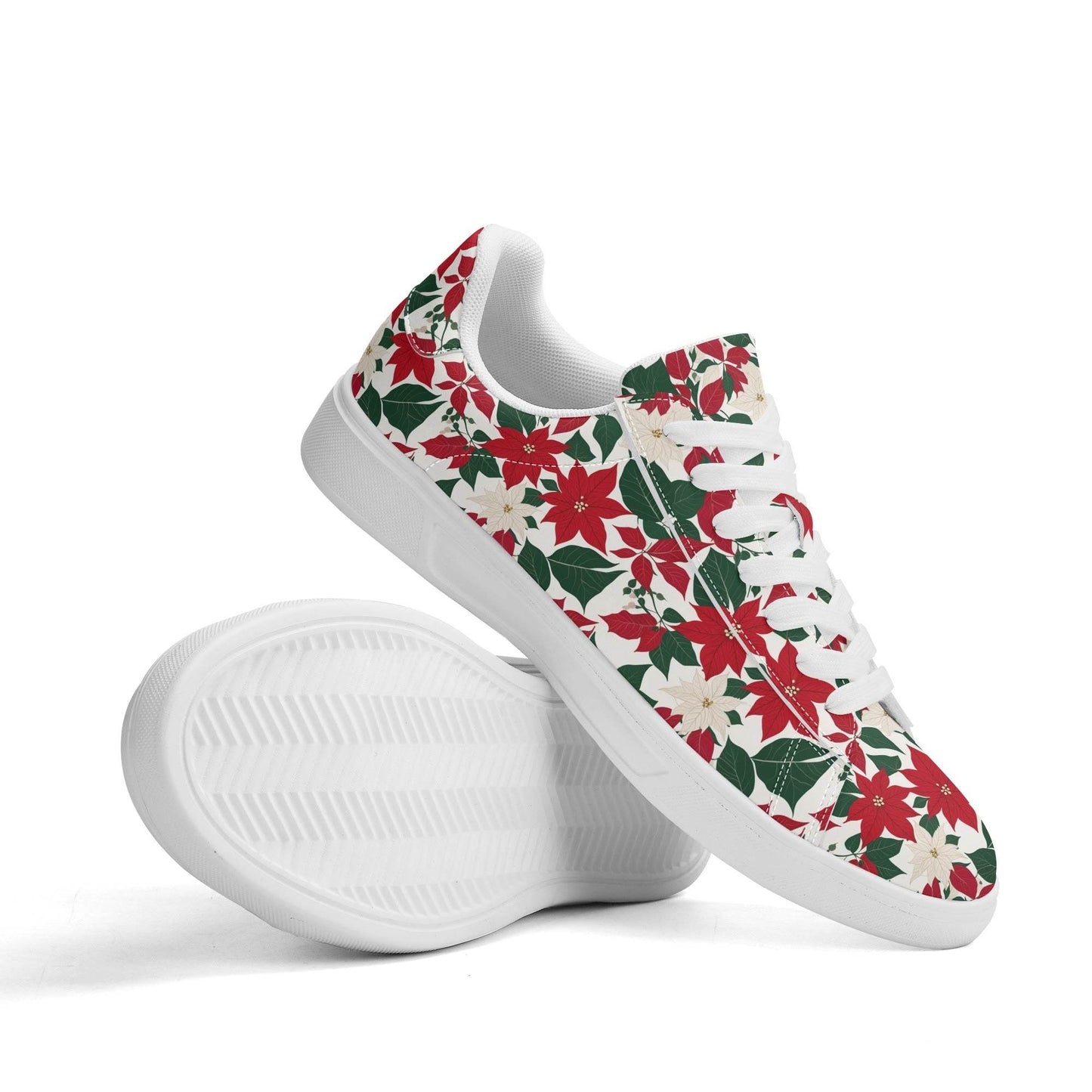Red and White Poinsettia Flower Adult Lightweight Brand Low Top Leather Shoes - DeRose Seasonal