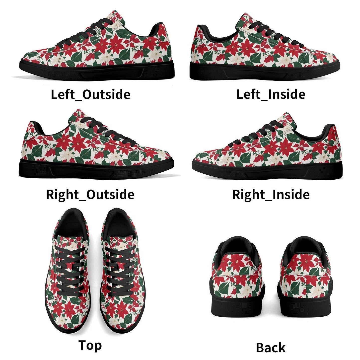 Red and White Poinsettia Flower Adult Lightweight Brand Low Top Leather Shoes - DeRose Seasonal