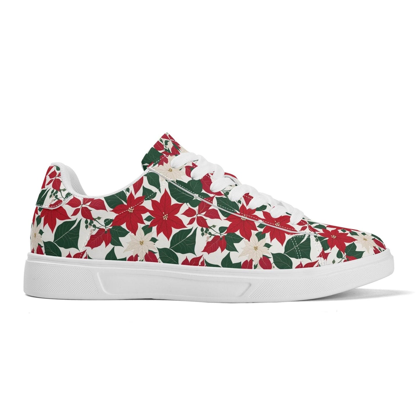 Red and White Poinsettia Flower Adult Lightweight Brand Low Top Leather Shoes - DeRose Seasonal