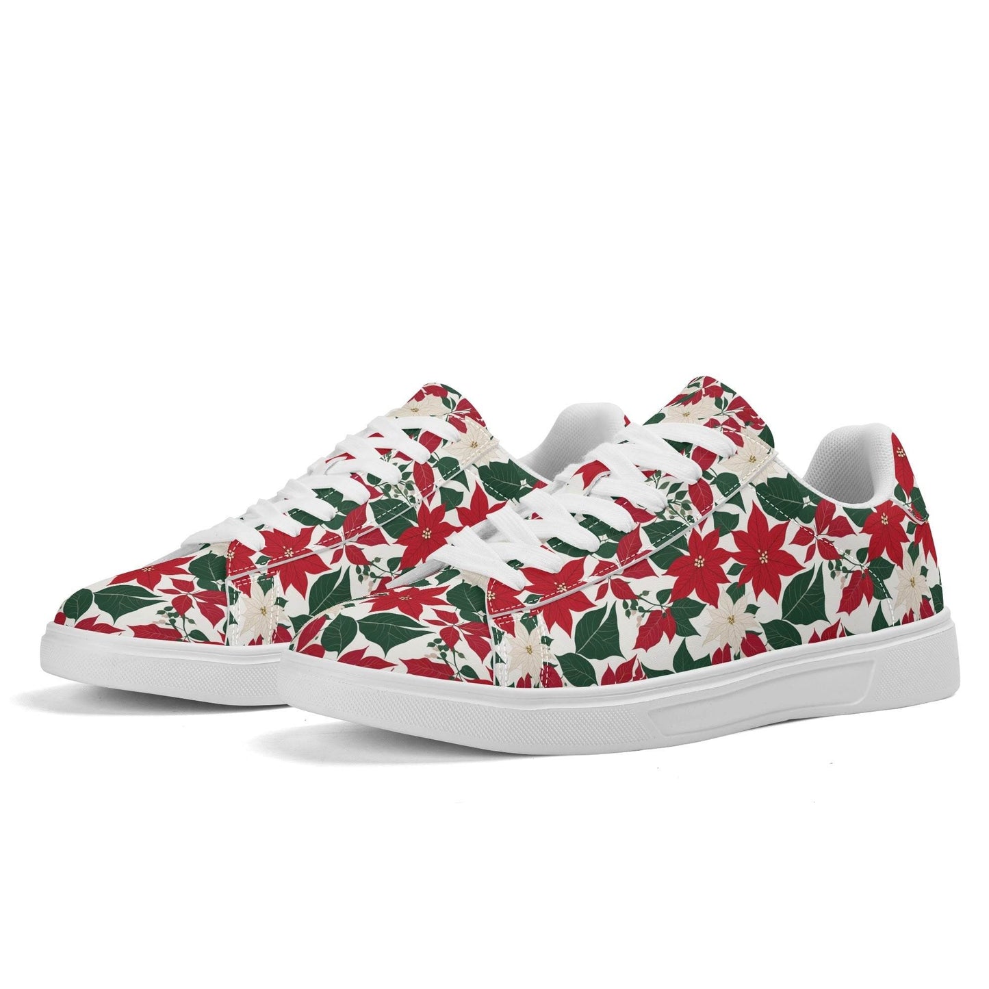Red and White Poinsettia Flower Adult Lightweight Brand Low Top Leather Shoes - DeRose Seasonal