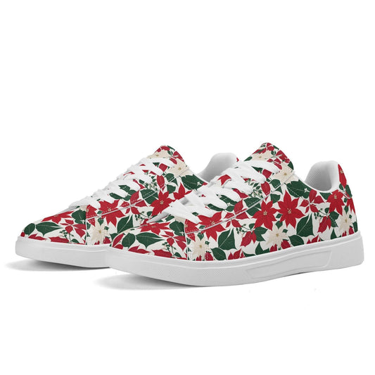 Red and White Poinsettia Flower Adult Lightweight Brand Low Top Leather Shoes - DeRose Seasonal