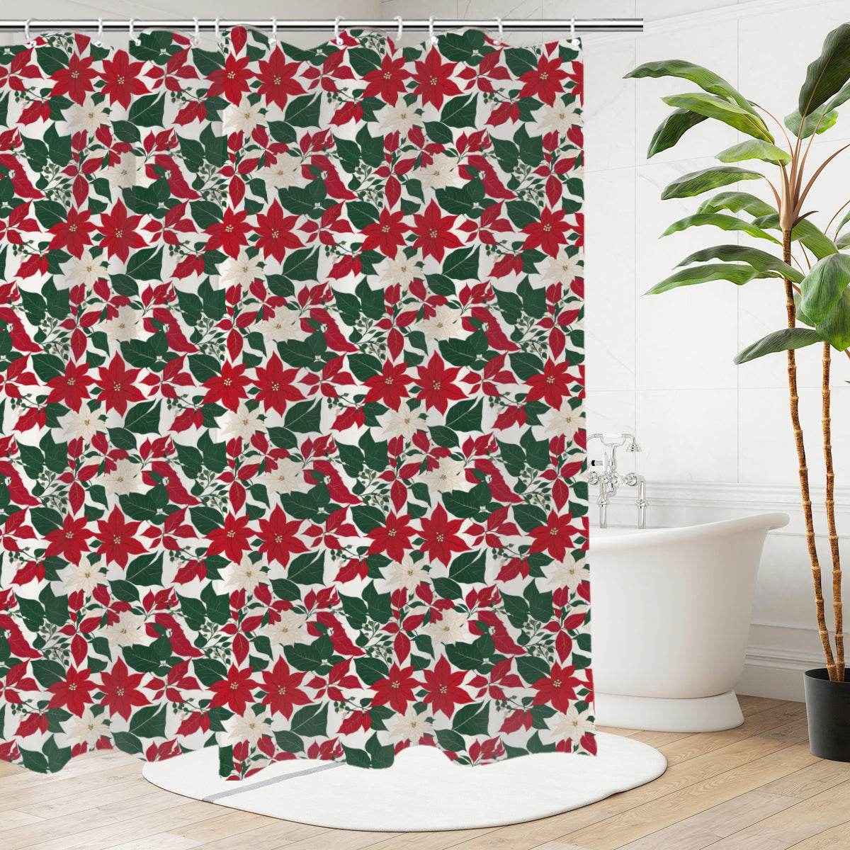 Red and White Poinsettia Flower Bathroom Four-Piece Set(Shower Curtain + Toilet Cover Mat + Toilet Foot Mat + Floor Mat)| Polyester - DeRose Seasonal