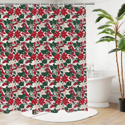 Red and White Poinsettia Flower Bathroom Four-Piece Set(Shower Curtain + Toilet Cover Mat + Toilet Foot Mat + Floor Mat)| Polyester - DeRose Seasonal
