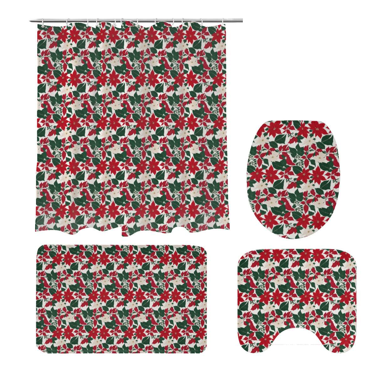 Red and White Poinsettia Flower Bathroom Four-Piece Set(Shower Curtain + Toilet Cover Mat + Toilet Foot Mat + Floor Mat)| Polyester - DeRose Seasonal