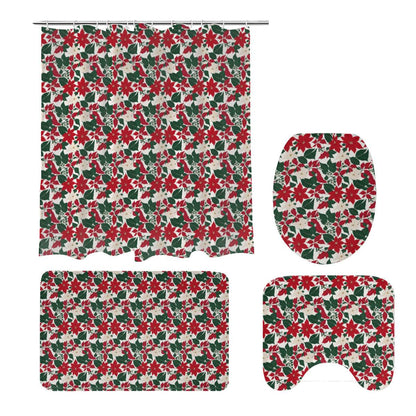 Red and White Poinsettia Flower Bathroom Four-Piece Set(Shower Curtain + Toilet Cover Mat + Toilet Foot Mat + Floor Mat)| Polyester - DeRose Seasonal