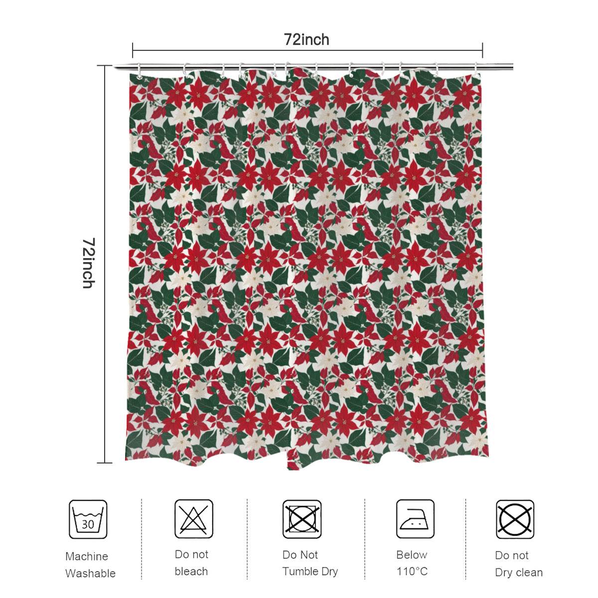 Red and White Poinsettia Flower Bathroom Four-Piece Set(Shower Curtain + Toilet Cover Mat + Toilet Foot Mat + Floor Mat)| Polyester - DeRose Seasonal