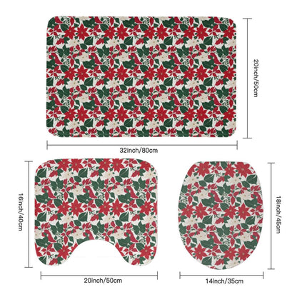 Red and White Poinsettia Flower Bathroom Four-Piece Set(Shower Curtain + Toilet Cover Mat + Toilet Foot Mat + Floor Mat)| Polyester - DeRose Seasonal