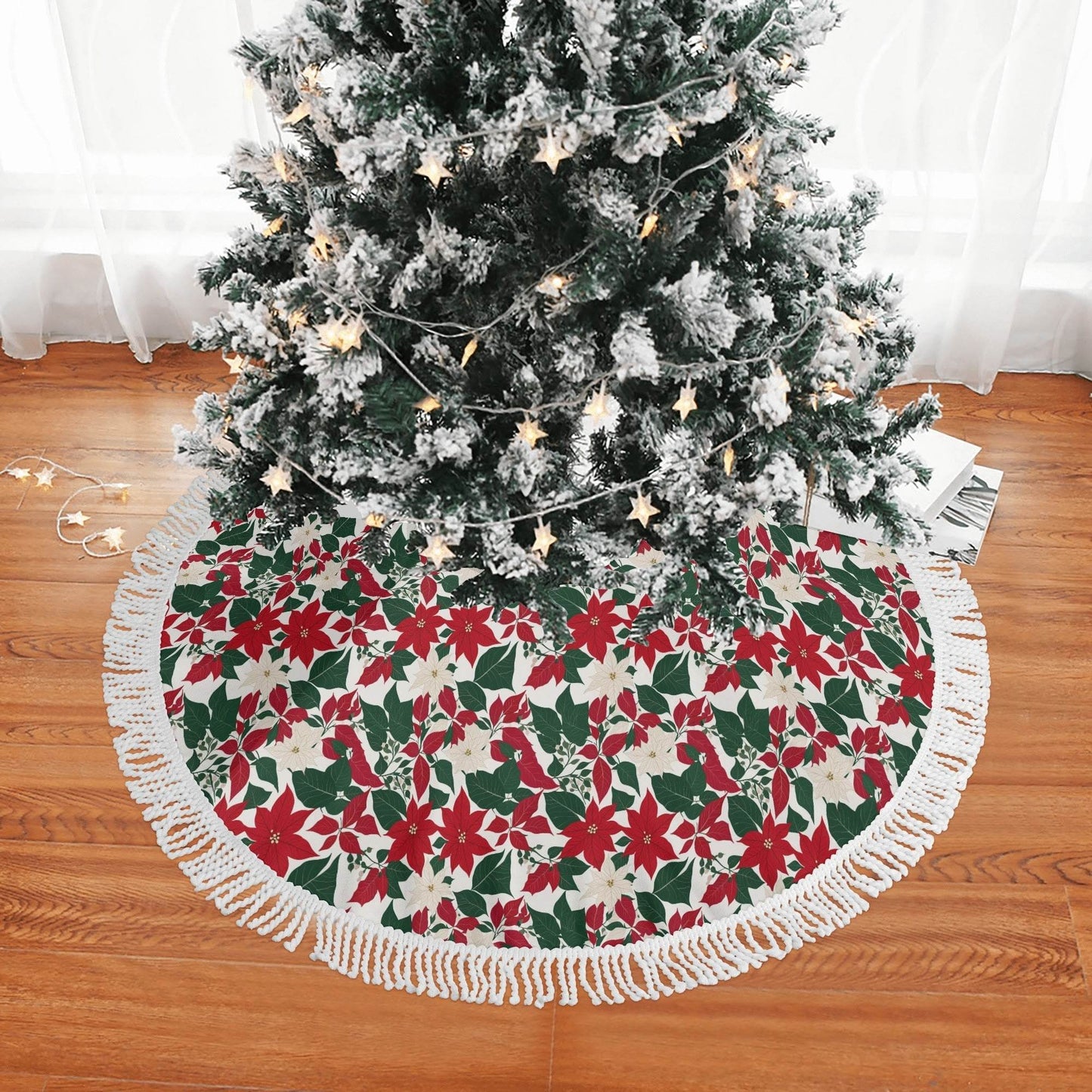 Red and White Poinsettia Flower Fringed Christmas Tree Skirts - DeRose Seasonal