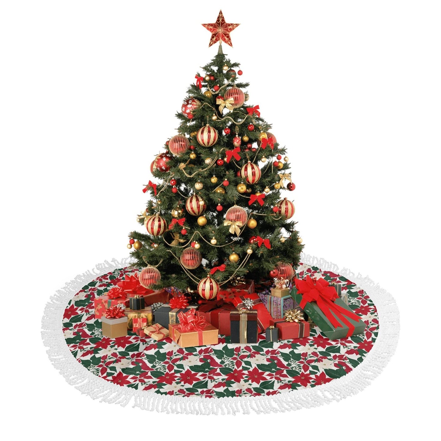 Red and White Poinsettia Flower Fringed Christmas Tree Skirts - DeRose Seasonal