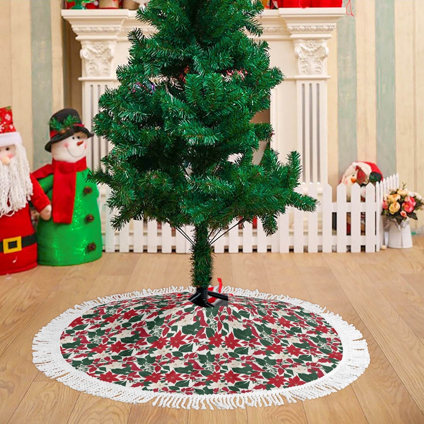 Red and White Poinsettia Flower Fringed Christmas Tree Skirts - DeRose Seasonal