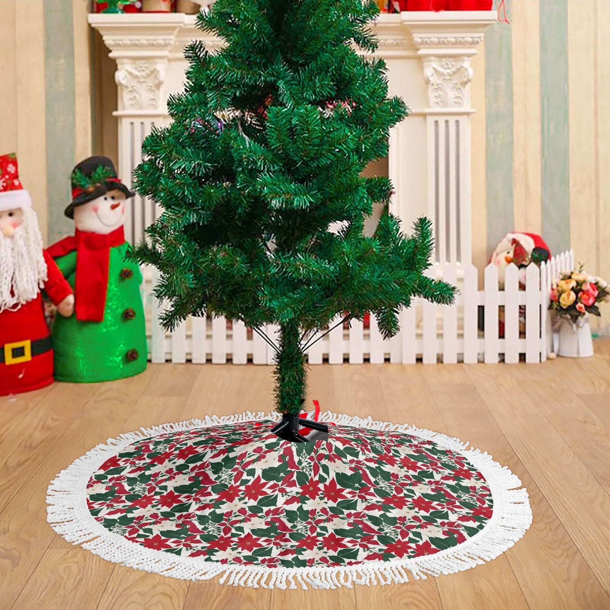 Red and White Poinsettia Flower Fringed Christmas Tree Skirts - DeRose Seasonal