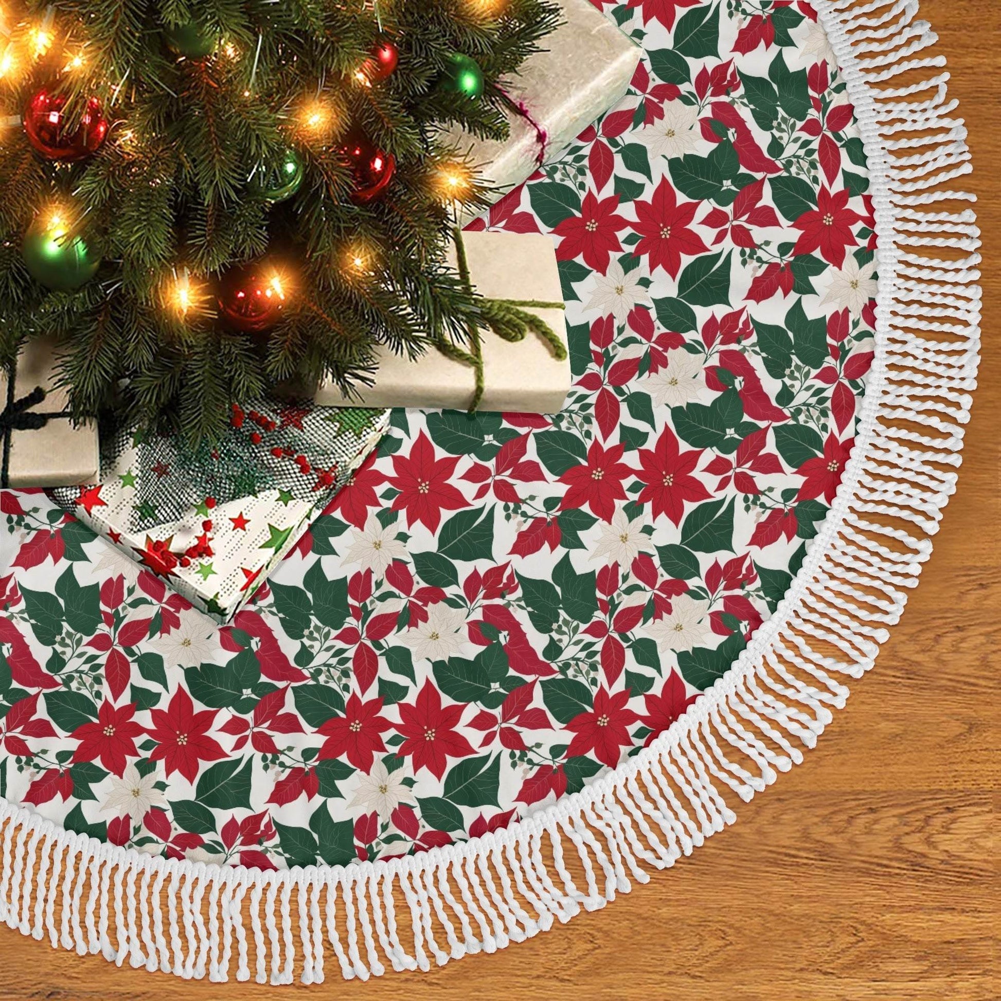 Red and White Poinsettia Flower Fringed Christmas Tree Skirts - DeRose Seasonal